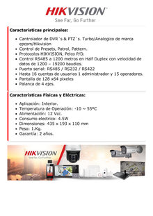 Controlador Analógico para DVR`s, Domos PTZ TURBO y Analogicos  y PTZ epcom/HIKVISION por RS-485