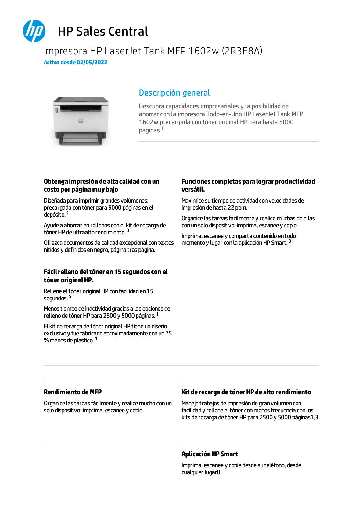 Multifuncional HP LaserTank 1602W Monocromático 22PPM Cama Plana WiFi