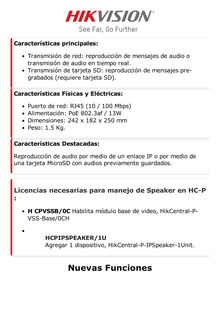 Bocina IP / PoE / 12 Vcc / Para integración con Hik-Central / Reproducción de Audio vía Red