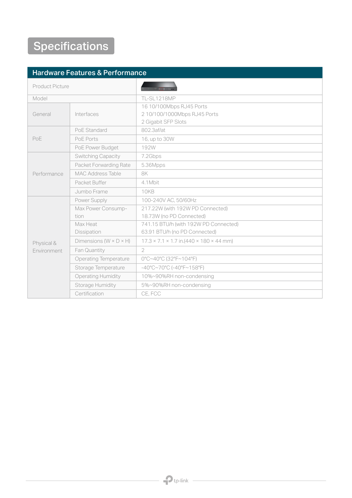 Switch TP-LinkTL-SL1218MP V2 no administrable 16 puertos 10/100 PoE+ max.194W y 4 puertos gigabit (2 x RJ45 y 2 x SFP/combo)