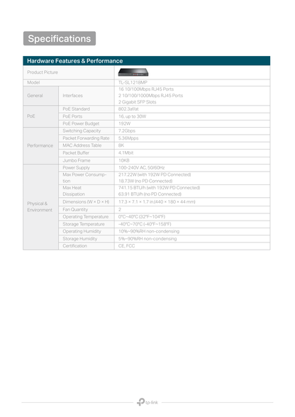 Switch TP-LinkTL-SL1218MP V2 no administrable 16 puertos 10/100 PoE+ max.194W y 4 puertos gigabit (2 x RJ45 y 2 x SFP/combo)