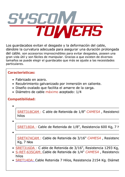 Cuello/ Guardacabo/ Rozadera para Cable de 1/4" de Acero Galv. por Inmersión.