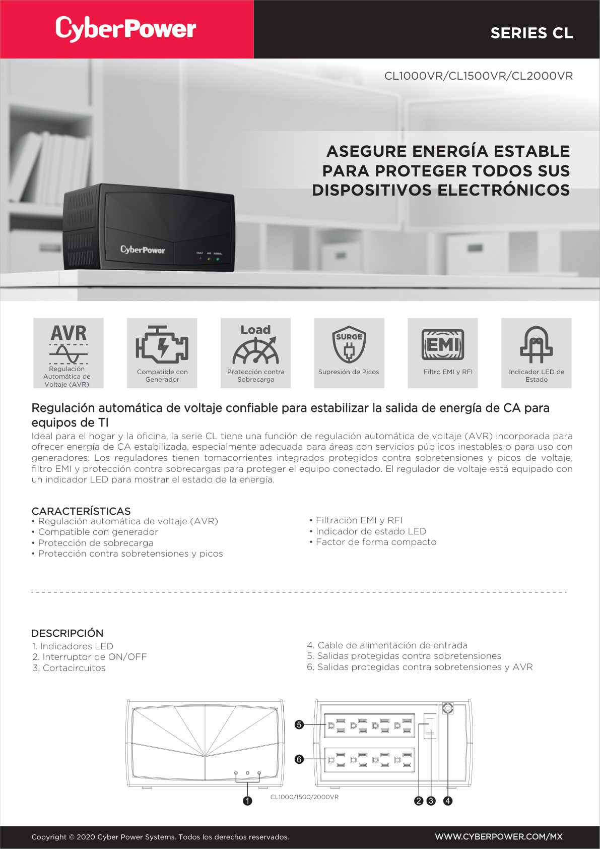 Regulador CyberPower CL1500VR 1500VA/750W 8 contacos NEMA5-15R (4 AVR+supresor y 4 supresor) 245 Joules filtración EMI y RFI