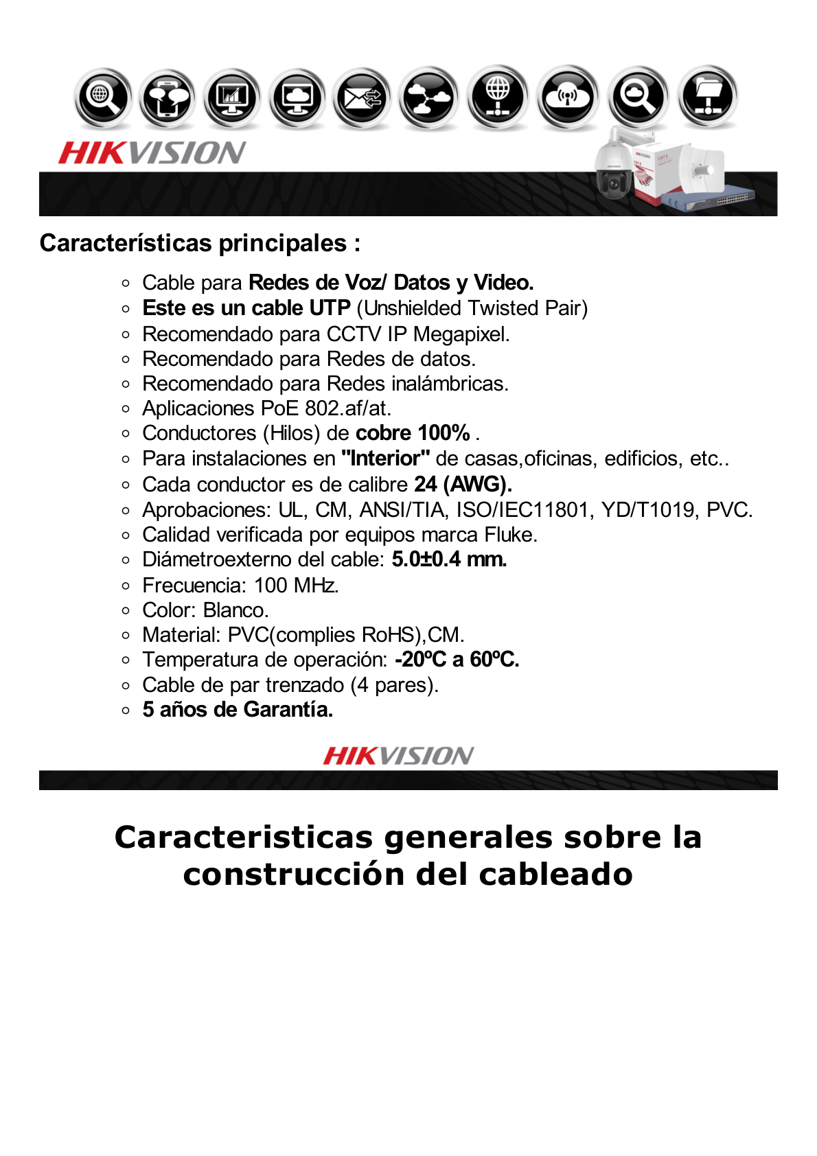 Bobina de Cable UTP 305 Metros / Cat5E (24 AWG) / Color Blanco / PVC (CM) / Uso en Interior / 100% Cobre / Aplicaciones de CCTV y Redes de Datos