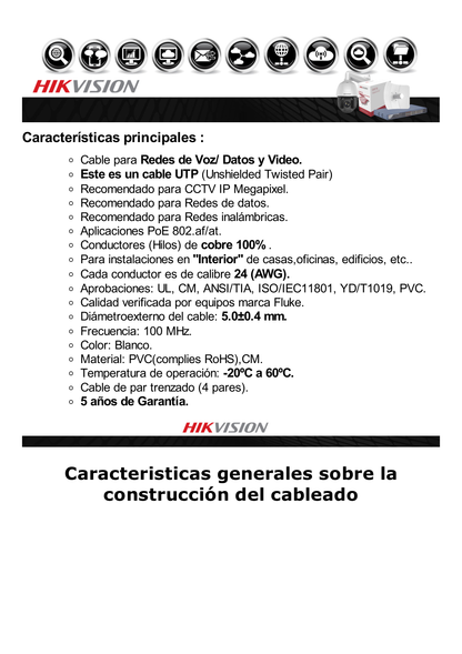 Bobina de Cable UTP 305 Metros / Cat5E (24 AWG) / Color Blanco / PVC (CM) / Uso en Interior / 100% Cobre / Aplicaciones de CCTV y Redes de Datos