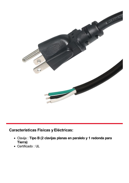 Cable de Alimentación Eléctrica para 120-240 Vca / 1. 8 metros / 3 Fases / Cables Libres