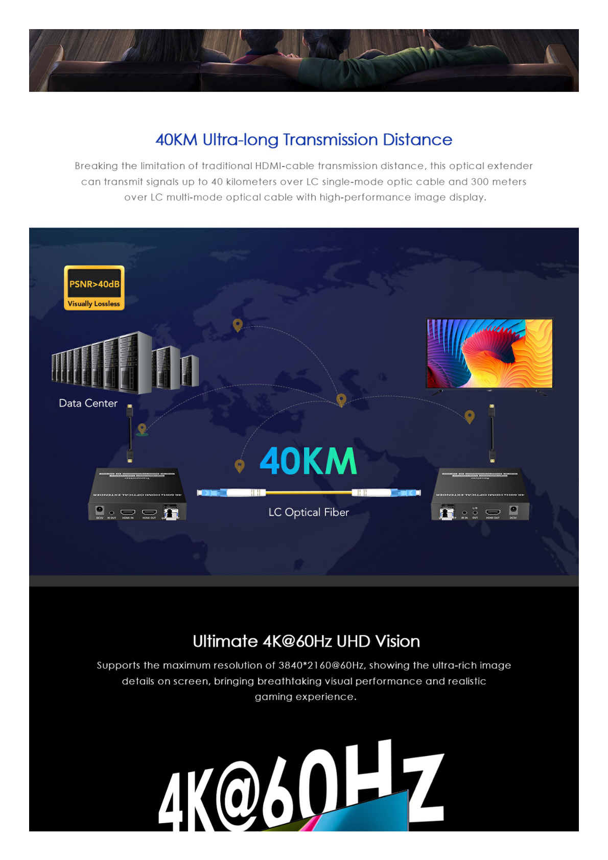 Kit extensor por fibra óptica | Hasta 40 kilómetros|  4K@60Hz | con IR | RS232