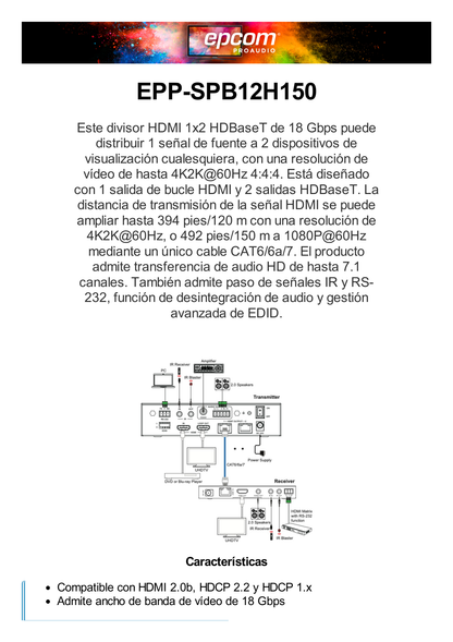 Splitter mas Extensor de Video | 1x8 | ProAV | HDBaseT™ | 120m en 4K@60Hz | 150m en 1080p@60Hz | Cat6/6a/7 | Gestión Avanzada EDID | Control IR y RS232 | PoC | Salida de Audio