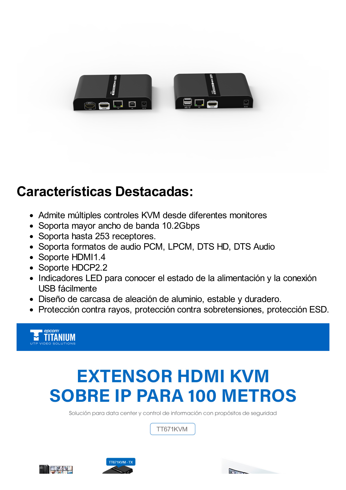 Kit extensor KVM (HDMI y USB 2.0) hasta 100 metros / Resolución 4K @ 60 Hz / Cat 6/6A/7 / CERO LATENCIA / Salida Loop / Soporta Switch Gigabit para control KVM múltiple / Soporta hasta 253