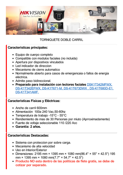 Torniquete DOBLE (2 Carriles) de Cuerpo Completo Bidireccional / Exterior / Acero Inoxidable SUS304 / 30 Personas por Minuto / Compatible con Reconocimiento Facial (Terminal no Incluida)