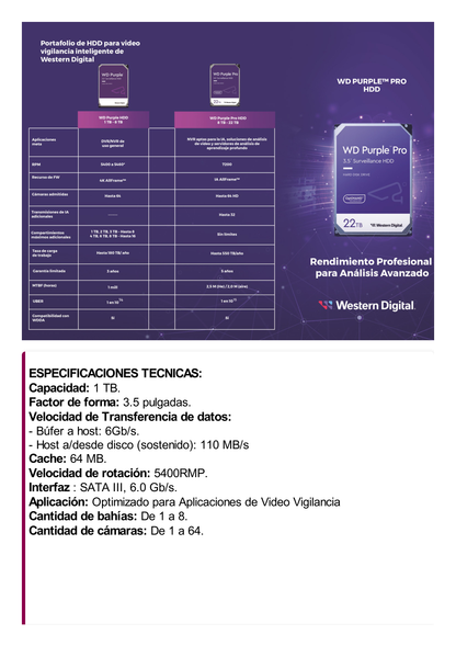 Disco Duro Purple de 1 TB / 5400 RPM / Optimizado para Soluciones de Videovigilancia / Uso 24-7 / 3 Años de Garantia