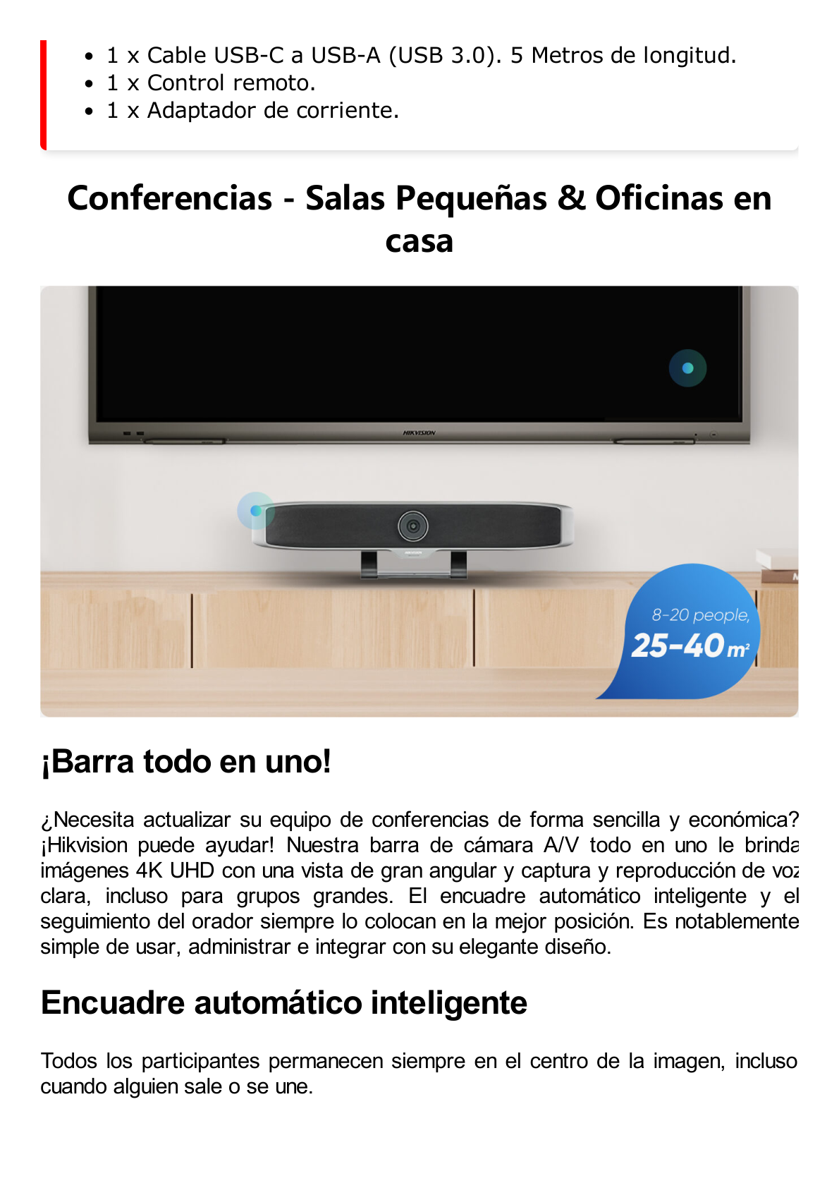 Cámara Inteligente Para Conferencias de 4K / USB / Plug and Play / Autoenfoque / Seguimiento al Hablante / Encuadre Automatico / Cable de 5 Metros USB