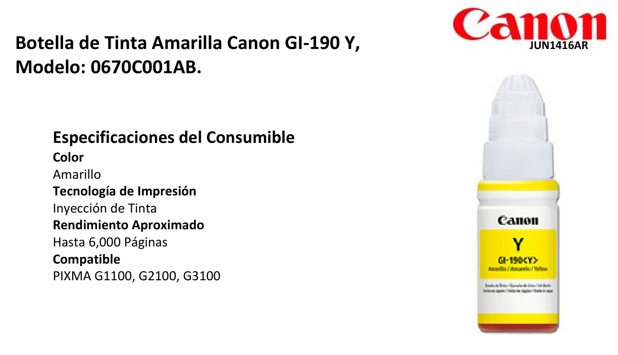 TINTA CANON GI-190 Y 0670C001AB AMARILLO BOTE PIXMA G1100/G2100/G3100 (6 000 PAG)