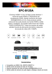 Splitter HDMI 1x2 | 4K@60Hz | Extractor de Audio | Down Scaler | HDR  4:4:4 | EDID | 18Gbps