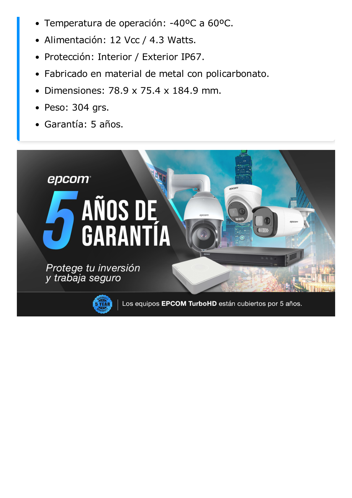 Bala TURBOHD 5 Megapixel / Lente 2.8 mm / 4 Tecnologías (TVI / AHD / CVI / CVBS) / 40 mts IR EXIR / Exterior IP67 / dWDR