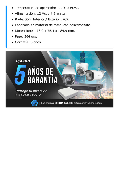 Bala TURBOHD 5 Megapixel / Lente 2.8 mm / 4 Tecnologías (TVI / AHD / CVI / CVBS) / 40 mts IR EXIR / Exterior IP67 / dWDR