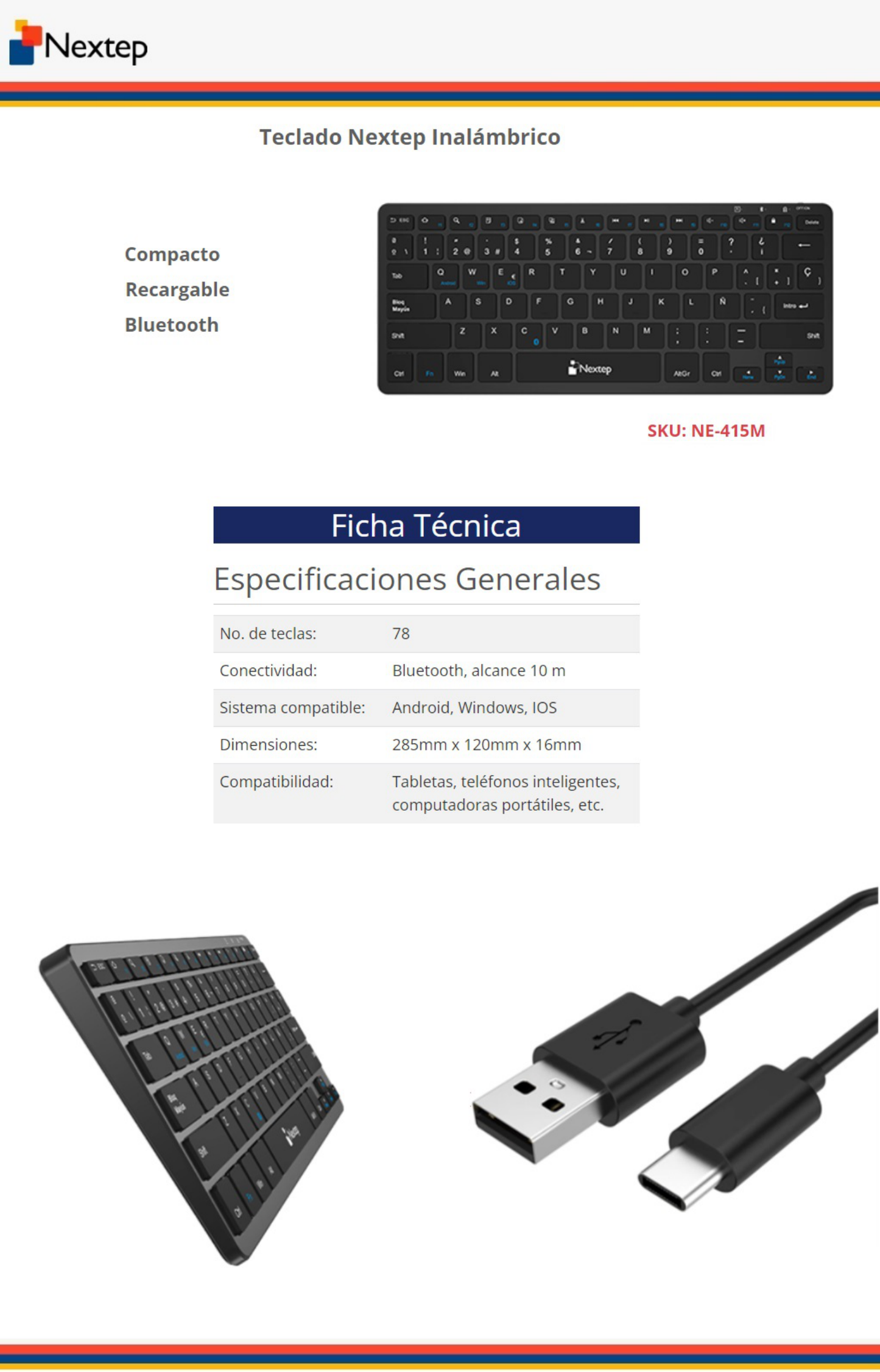 Teclado Nextep Inalambrico Compacto Recargable Bluetooth 10 Metros