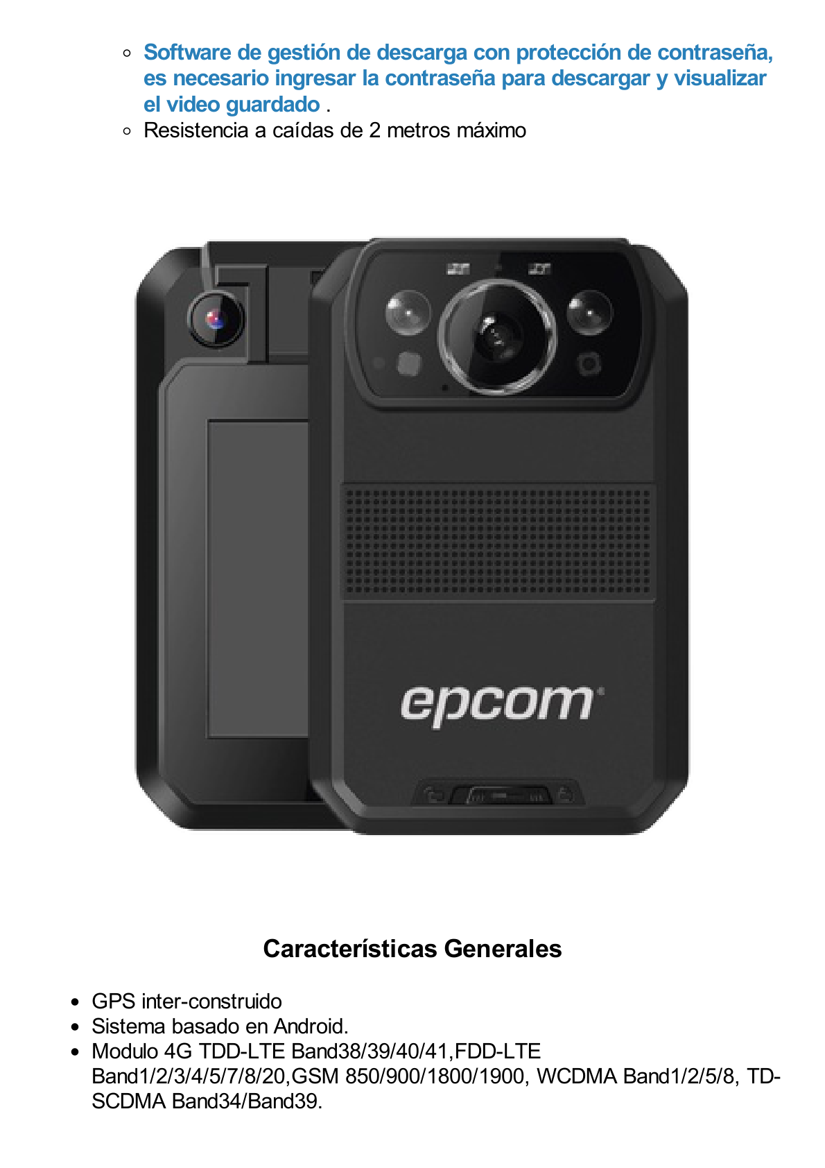 Body Camera para Seguridad / Video 4K / GPS Interconstruido / Conexión 4G-LTE / WiFi / Bluetooth / Sistema Basado en Android / Exterior IP66