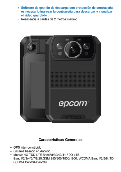 Body Camera para Seguridad / Video 4K / GPS Interconstruido / Conexión 4G-LTE / WiFi / Bluetooth / Sistema Basado en Android / Exterior IP66