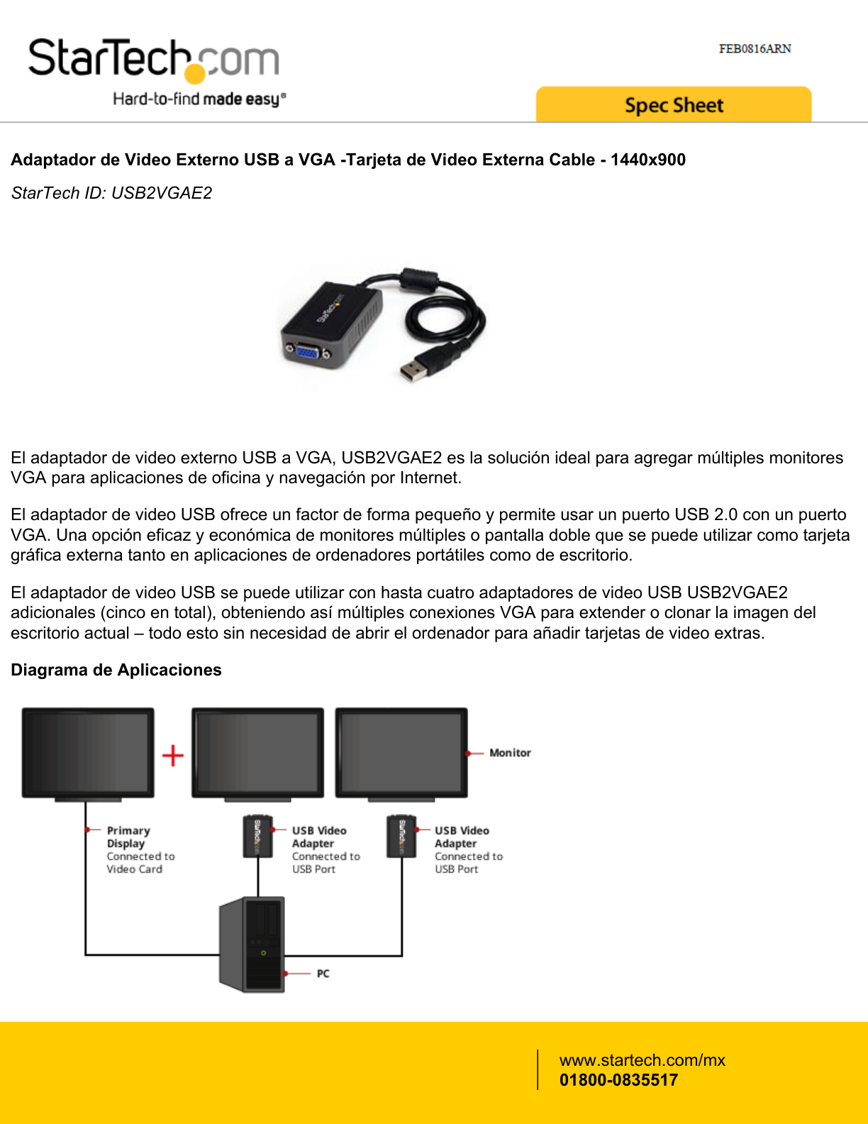 ADAPTADOR STARTECH USB A VGA -TARJETA DE VIDEO EXTERNA CABLE - 1440X900