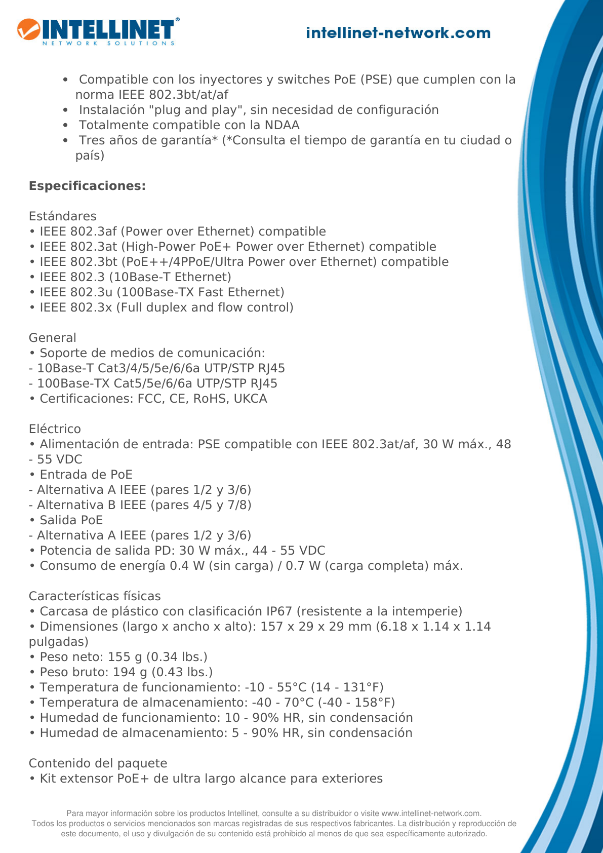 Extensor Intellinet POE+ kit ultra delgado lago alcance para exteriores hasta 1000M PD hasta 95W ideal para camaras IP