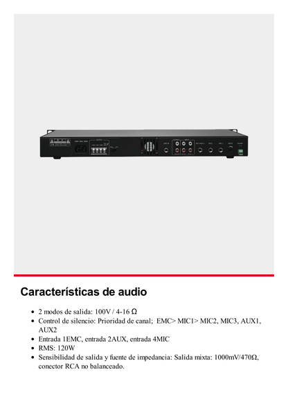 Amplificador Mezclador | 120W RMS | Sistema 100V y Baja Impedancia | MP3 | Tuner | Bluetooth | Música ambiental y Voceo