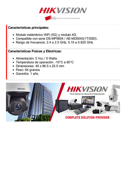 Módulo Inalámbrico Wi-Fi y 4G para DVR´s móviles HIKVISION / Compatible con DS-MP5604 / AE-MD5043(1T/SSD)