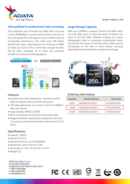 MEMORIA SD ADATA PREMIER PRO 128GB / SDXC UHS-I U3 V30 / 95/60 MB/s