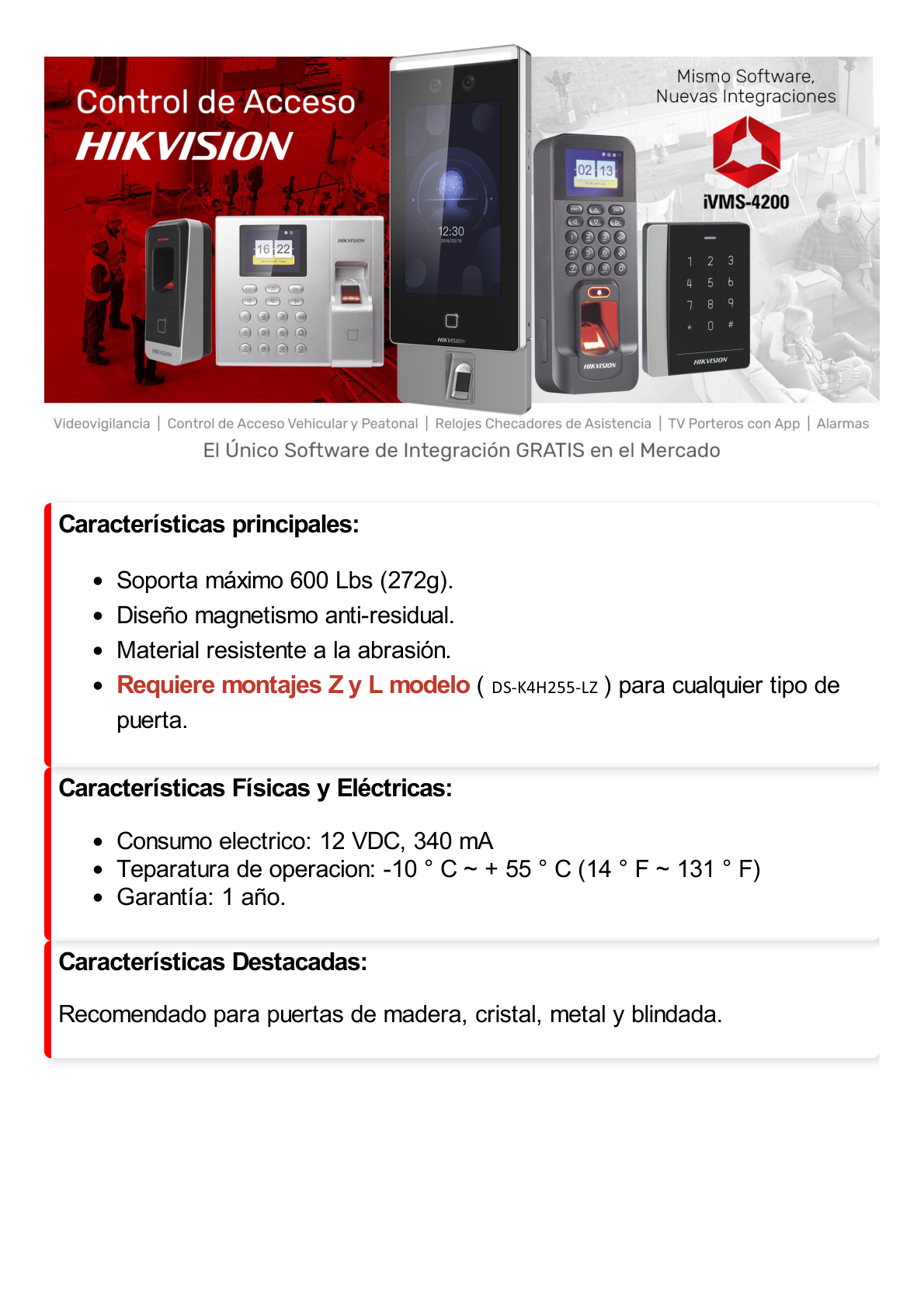 Chapa Magnética de 600 Lbs (272 Kg) / Montaje en Puerta Normal o de Vidrio / Certificado CE /  Uso en Interior / Magnetismo Anti-residual