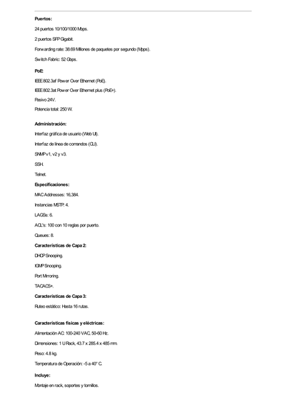Switch EdgeMAX administrable de 24 puertos Gigabit con PoE+/PoE Pasivo 24V + 2 Puertos SFP, 250 W