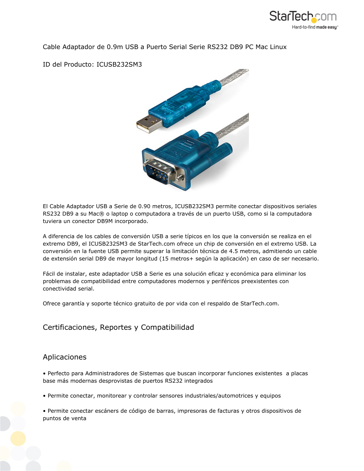 CABLE STARTECH ADAPTADOR DE 0.9M USB A PUERTO SERIAL SERIE RS232 DB9 PC MAC LINUX