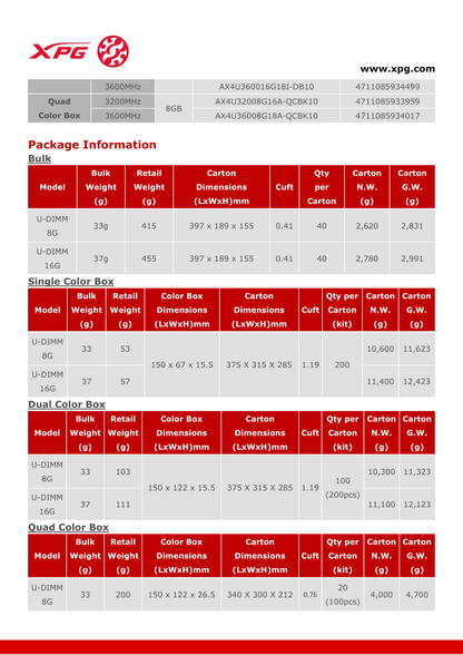 MEMORIA ADATA 8GB DDR4 3000MHZ XPG D10 GAMMIX DISIPADOR ROJO AX4U30008G16A-SR10