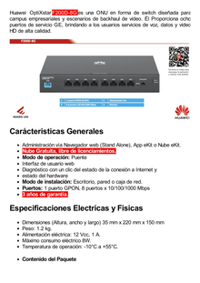 HUAWEI MiniFTTO - ONU Switch Gigabit / 8 puertos 10/100/1000Mbps + 1  PON (SC/UPC)/ Downstream 2.488 Gbps / Upstream 1.244 Gbps / modo puente / Administración Nube