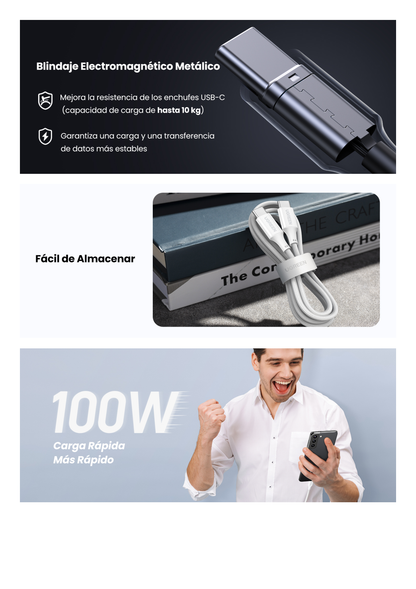 Cable USB-C a USB-C | 2 Metros | Potencia de Carga 100W | 20V 5A | PD3.0 | QC4.0/3.0/2.0 | FPC | AFC | 480 Mbps | Chip E-Market | Compatible con IPhone 15 | Carcasa de Aluminio | Nylon Trenzado.