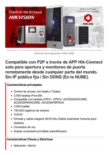 Biométrico WiFi de Acceso y Asistencia Compatible con APP Hik-Connect (P2P) / Lectura de Huella y Tarjetas EM / TCP/IP / 150,000 Eventos / Relevador para Chapa y Reportes de Asistencia