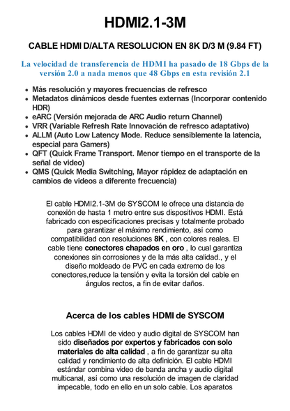 Cable HDMI de Alta Resolución en 8K / Versión 2.1 / 3 Metros de Longitud (9.84 ft) / Recomendado para Audio eARC / Dolby Atmos