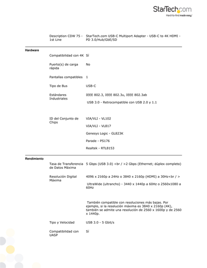 ADAPTADOR STARTECH MULTIPUERTOS USB-C HDMI-4K- LECTOR SD - HUB C A USB 3.0- 2XA 1XC - PD 3.0