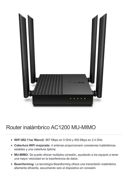 Router Inalámbrico AC 1200 / Doble Banda MU-MIMO / 1 puerto WAN 10/100/1000 Mbps / 4 puertos LAN 10/100/1000 Mbps / Compatible con EasyMesh / Administración Web o App Tether