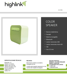 Bocina Highlink SubWoofer color verde Bluetooth 4.2 lector de memorias USB y SD batería 500mAh aux .5mm