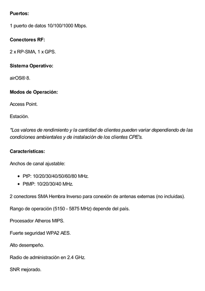 Radio Estación Base airMAX AC GEN2 hasta 500 Mbps, 5 GHz (5150 - 5875 MHz) con tecnología airPrism