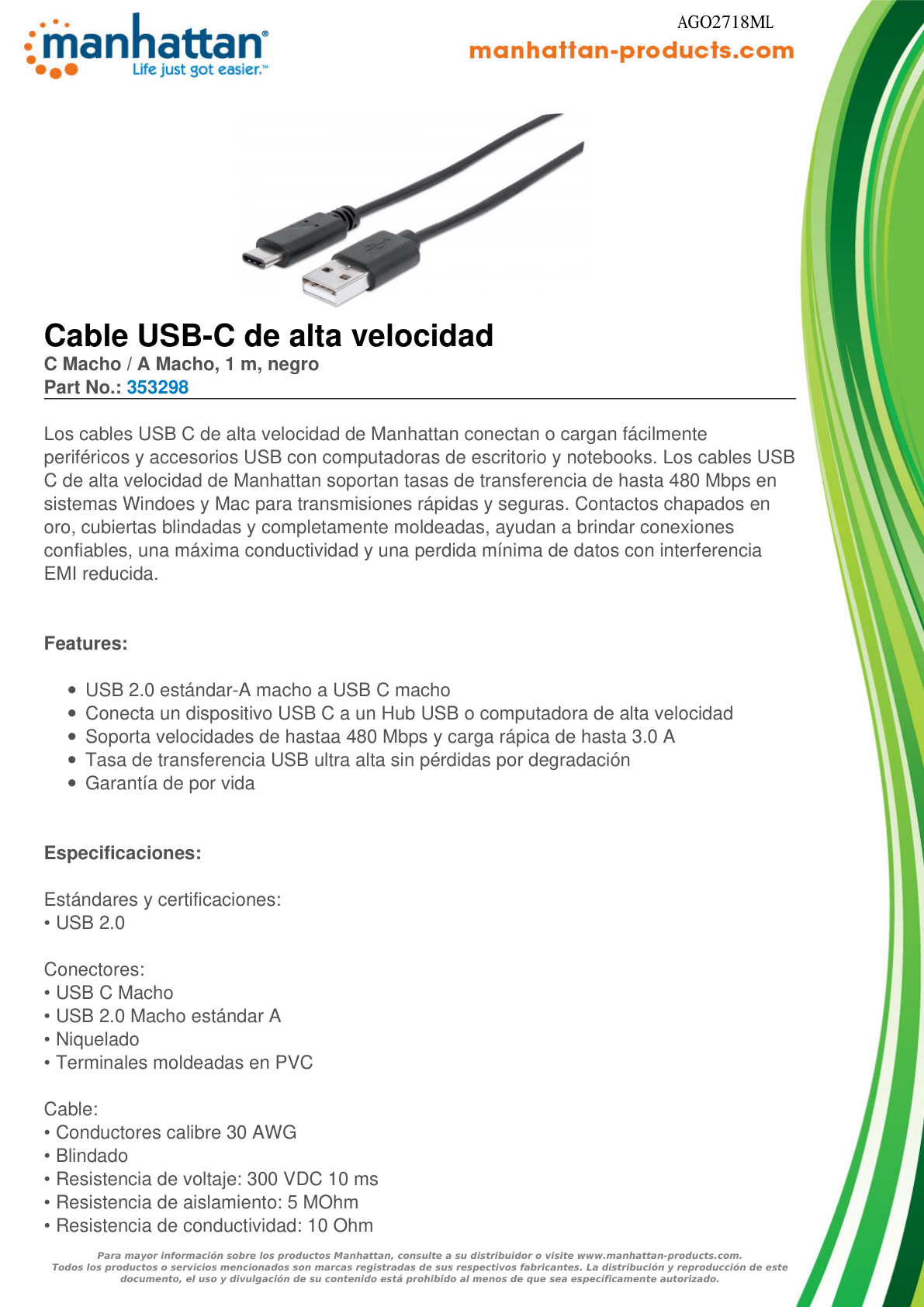 Cable Manhattan USB-C V2.0 C-A 1M Negro 480Mbps