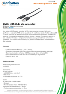 Cable Manhattan USB-C V2.0 C-A 1M Negro 480Mbps