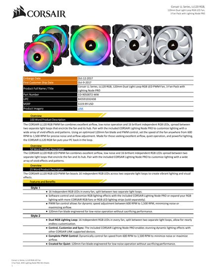 Ventilador Corsair LL120 RGB LED PWM con doble halo de luz de 120mm paquete 3*ventiladores Lighting Node PRO