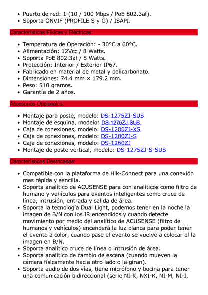 [Dual Light + ColorVu] Bala IP 8 Megapixel (4K) / Lente 2.8 mm / 40 mts IR + 40 mts Luz Blanca / Exterior IP67 / Luz Intermitente y Alerta de Audio / Micrófono Integrado / ACUSENSE (Filtro de Falsas Alarmas) / Metal / ACUSEARCH