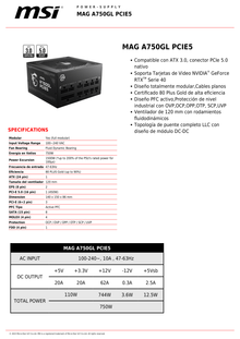 Fuente MSI 750W Gold 80 Plus full modular MPG conector PCIE5 Amarillo