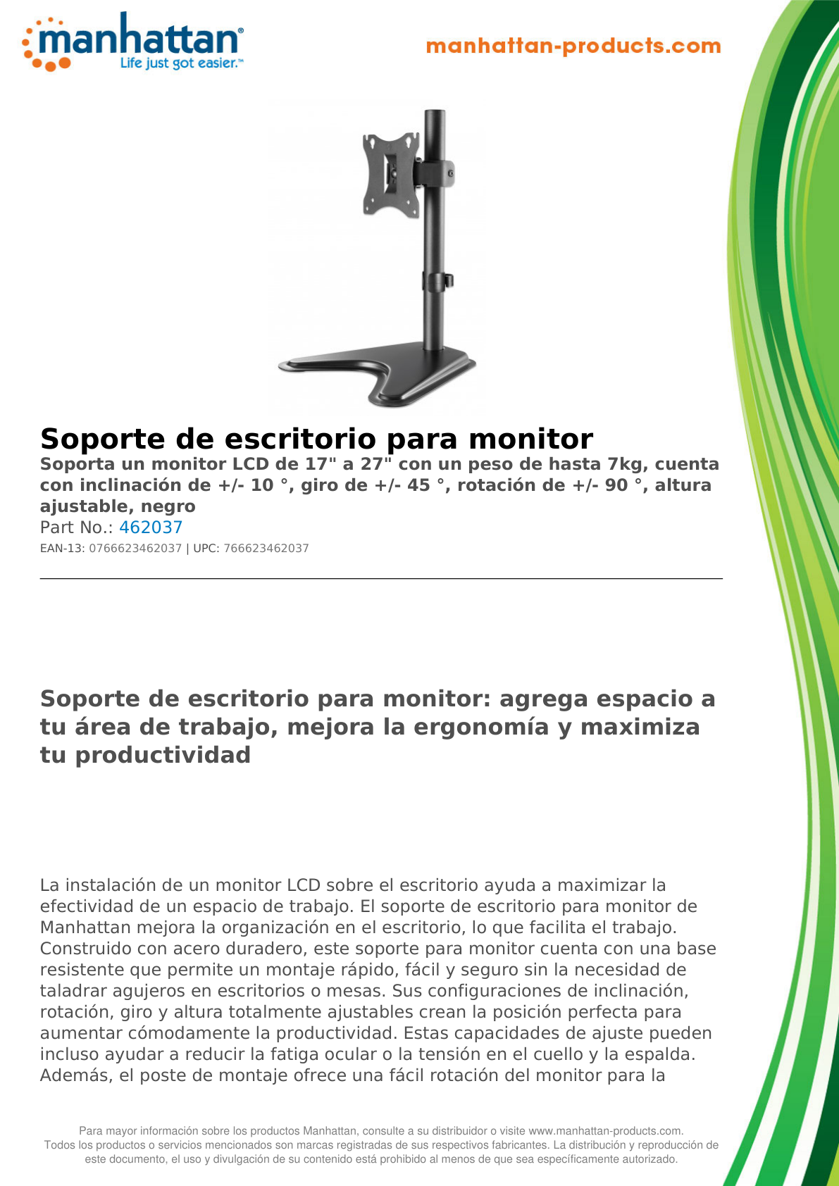 SOPORTE MANHATTAN MONITOR P/1 17 A 27 PULG ESCRITORIO