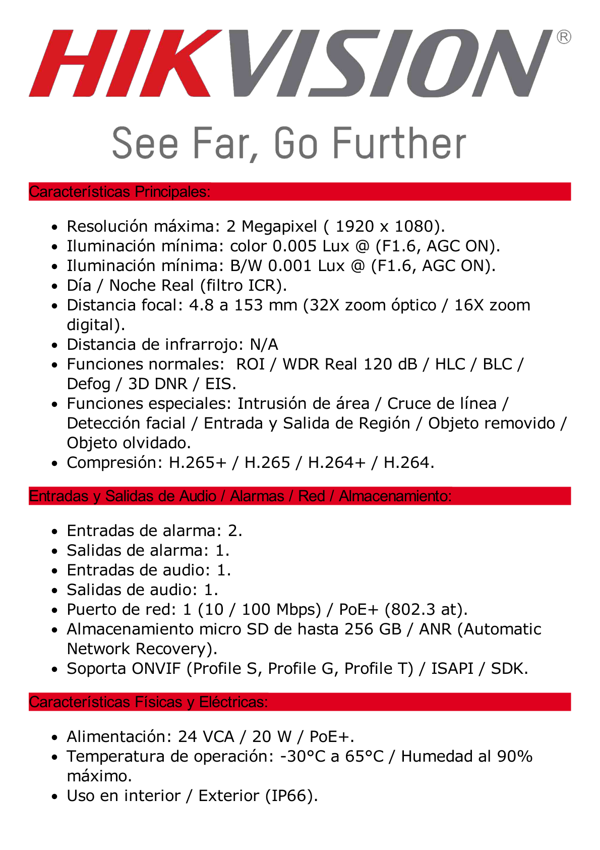 Domo PTZ IP 2 Megapixel / H.265+ / 32X Zoom / Día-Noche ICR Real / WDR 120 dB / PoE+ /Exterior IP66 / IK10 / 60 IPS / DARKFIGHTER  / Micro SD