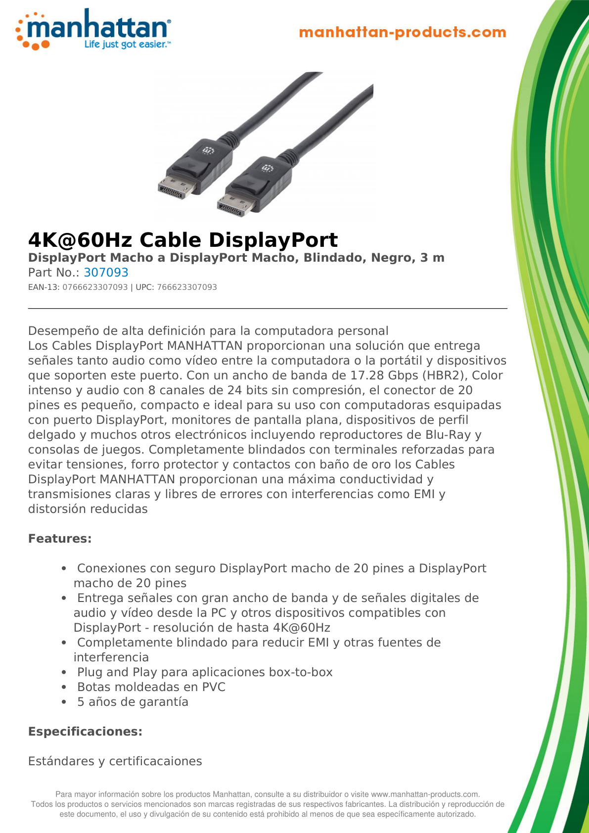 CABLE MANHATTAN DISPLAYPORT 3M NEGRO