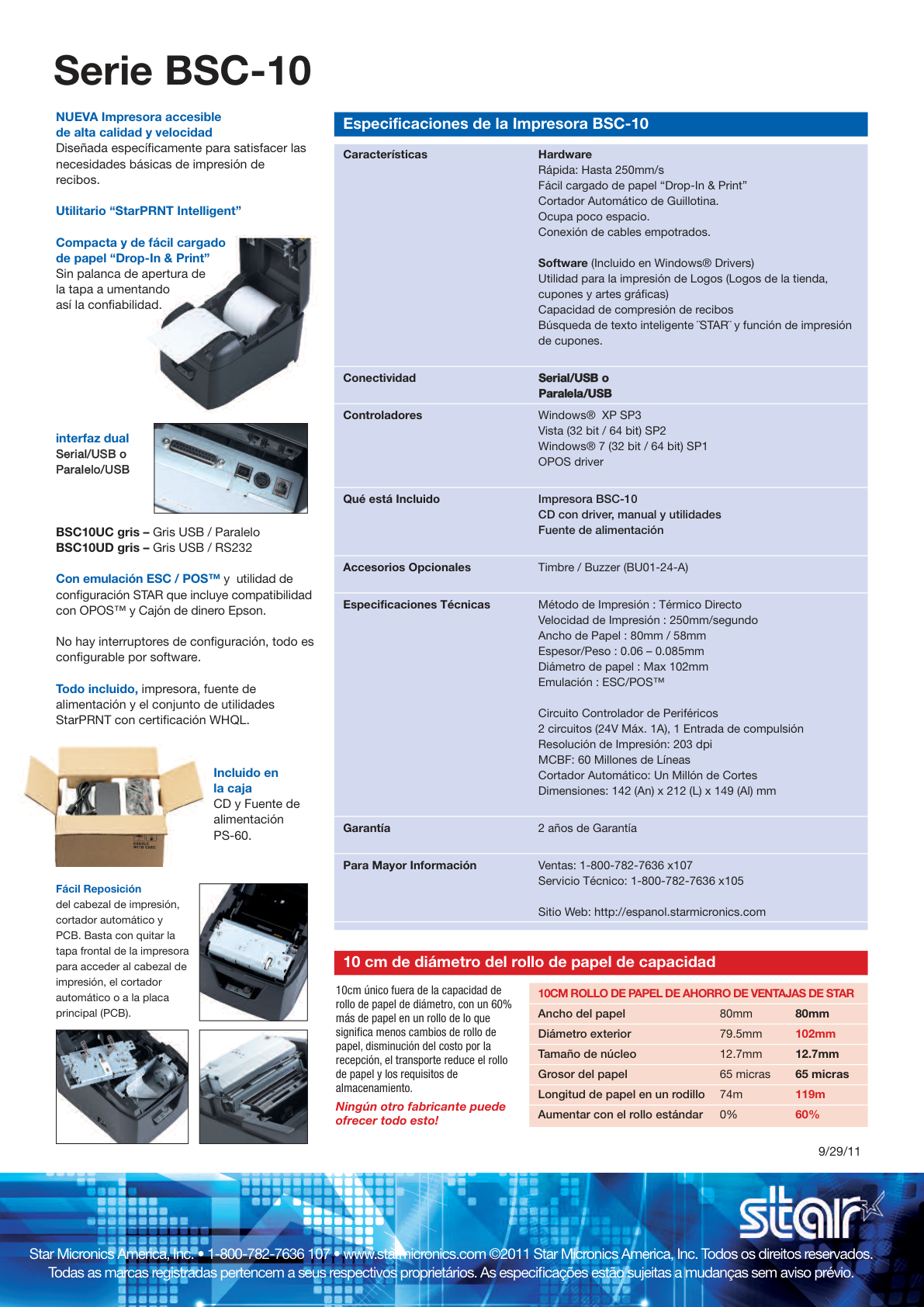 Miniprinter Starmicronics BSC-10UD-24 GRY  Termica Interfaces Usb- Serial con Auto-cutter Incluye Cables Usb