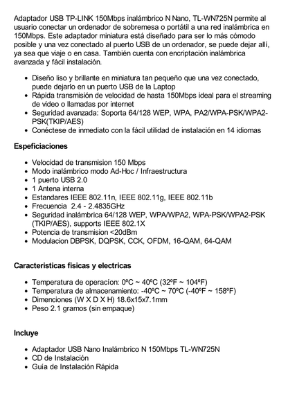 Adaptador USB  Nano inalámbrico N 150 Mbps 2.4 GHz con 1 antena interna